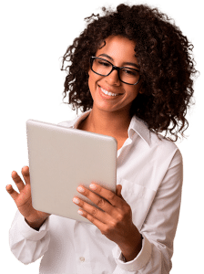 Woman Smiling Looking at iPad Tablet